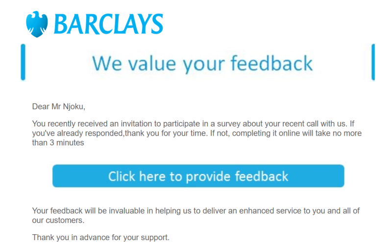 Barclays Feedback Request